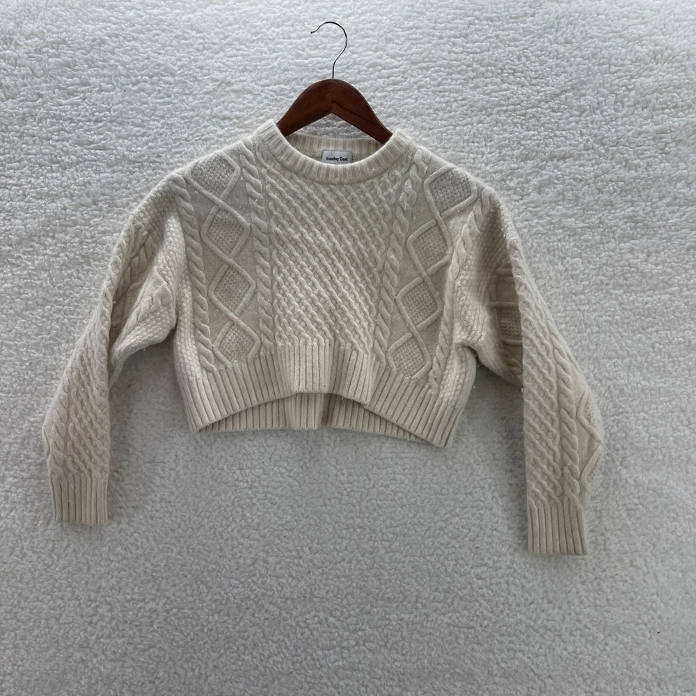 Sunday Best Sweater Womens XS Cream Cable Knit Merino Wool Blend Cropped Aritzia